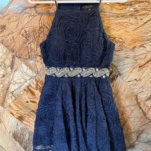 Chic Navy Textured Mini Dress with Embellished Waist